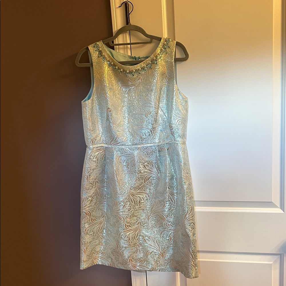 Stunning! Like new Tahari Gold & Aqua Brocade dress!